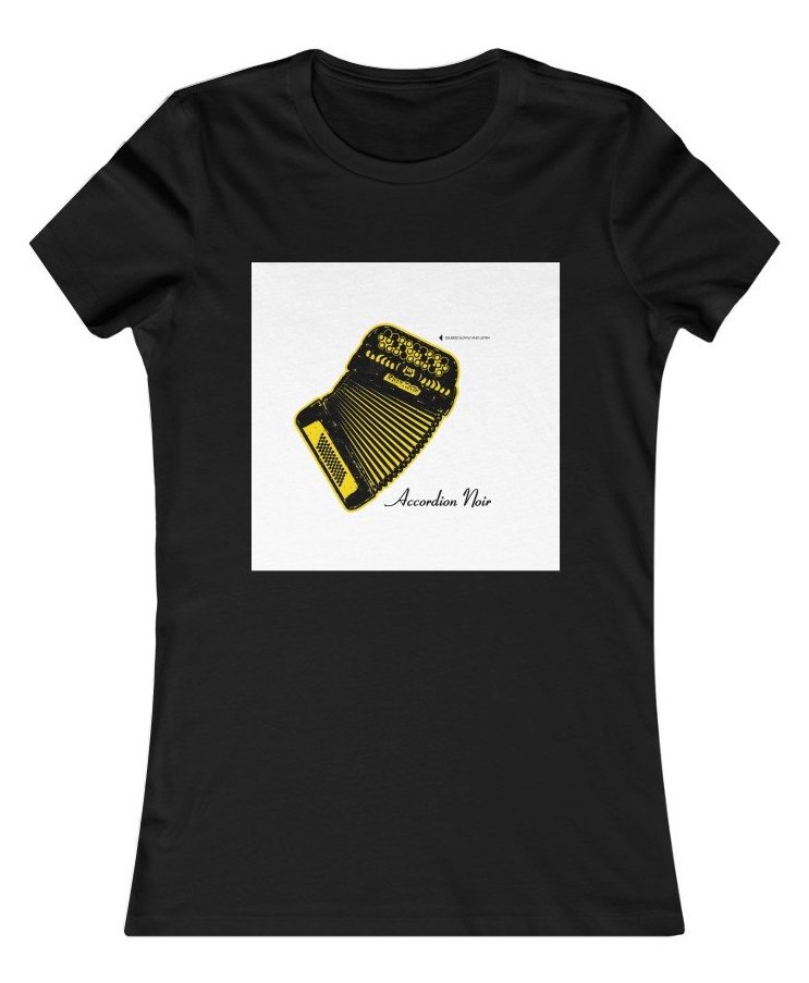 Black women's t-shirt with a white square, a roughly printed yellow accordion, the fancy script "Accordion Noir," and tiny text "Squeeze Slowly and Listen."