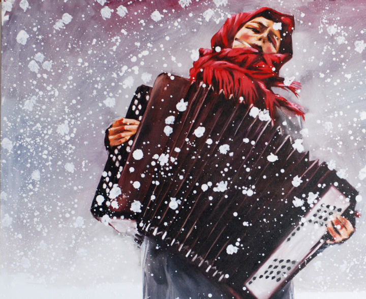 Painting, "Winter" by Igor Andrianov, known as Shulman. Accordionist in red headscarf playing a bayan button accordion in the snow. Eyes closed, head leaded back, bare-hands, smoking a cigarette. Looks cold.